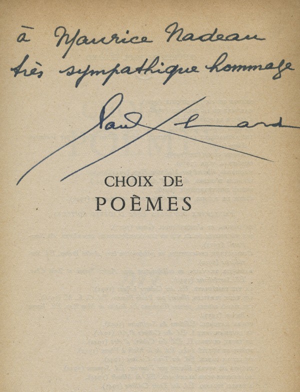 ELUARD Paul Choix de Poèmes Gallimard 1946 SP envoi autographe signé à Maurice Nadeau