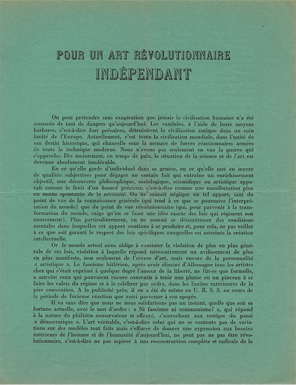 TRACT SURRÉALISTE Pour un art révolutionnaire indépendant 1938