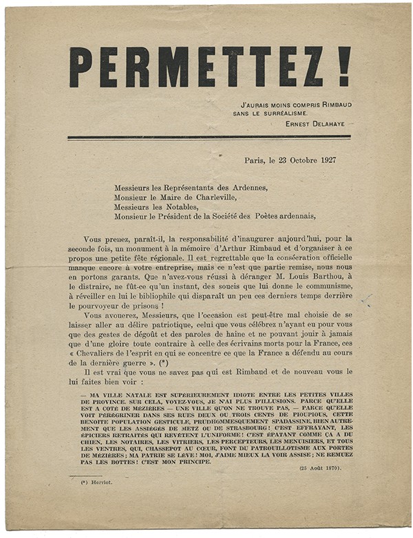 TRACT SURRÉALISTE Permettez ! 1927 Rimbaud