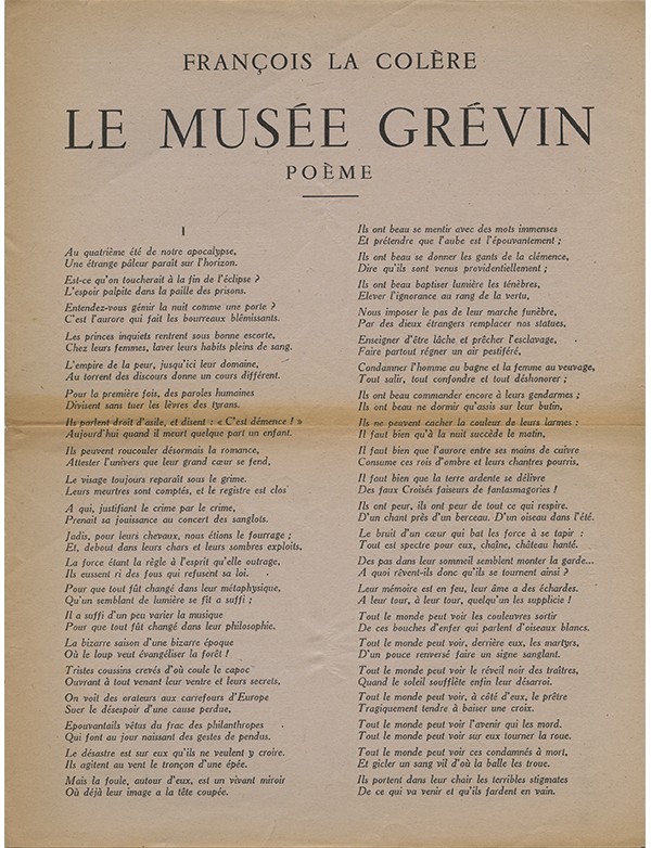 [ARAGON (Louis)] FRANÇOIS LA COLÈRE Le Musée Grévin 1943
