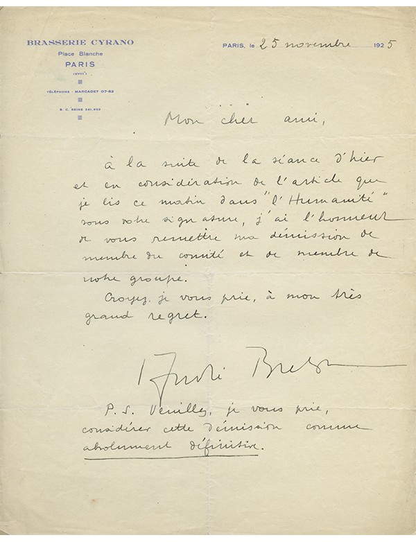 BRETON (André) Lettre de démission du comité Clarté novembre 1925