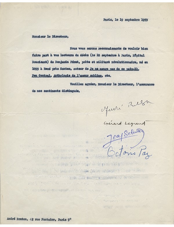 BRETON PAZ LEGRAND SCHUSTER Annonce du décès de Benjamin Péret septembre 1959