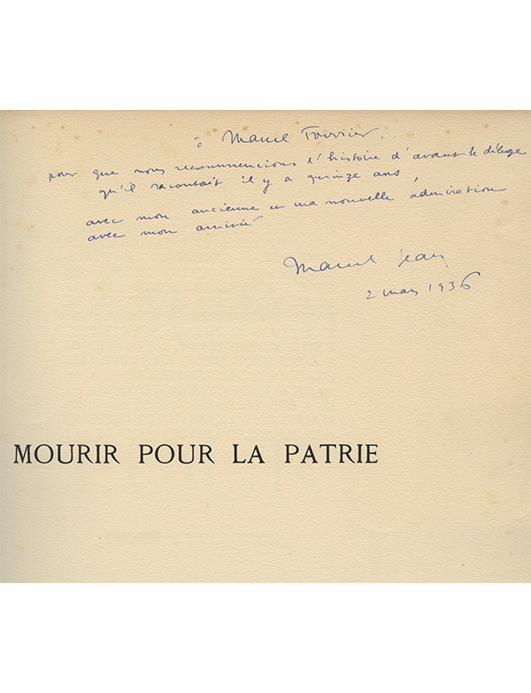 JEAN (André et Marcel) Mourir pour la patrie envoi autographe signé à Marcel Fourrier