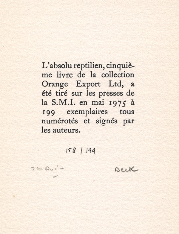 DAIVE Jean DECK François L'Absolu reptilien Orange Export Ltd1976