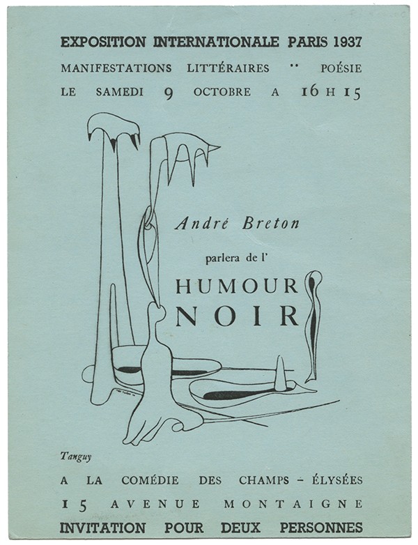 BRETON André Invitation pour la conférence consacrée à l'humour noir 9 octobre 1937