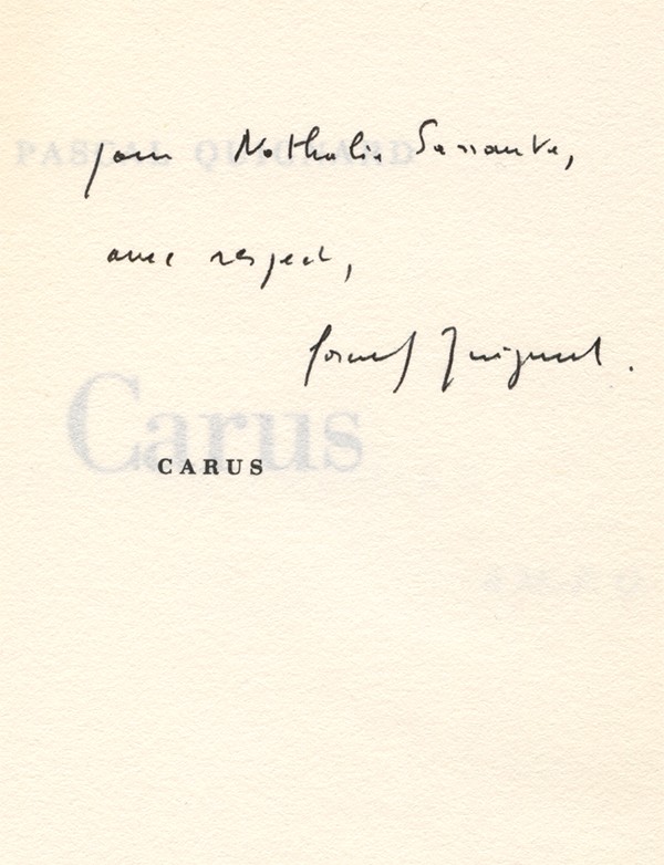QUIGNARD Pascal CARUS Gallimard 1979 édition originale envoi autographe signé à Nathalie Sarraute
