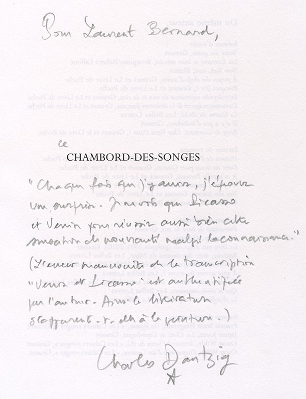 DANTZIG Charles Chambord-des-songes Flammarion 2019 édition originale vergé Rives ivoire clair 