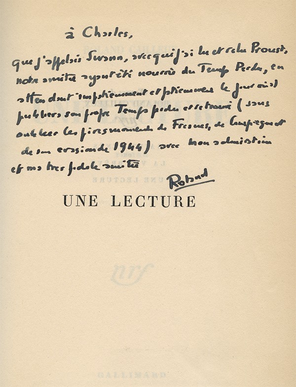 PROUST Marcel CAILLEUX Roland Une lecture Gallimard 1948 édition originale vélin pur fil grand papier envoi