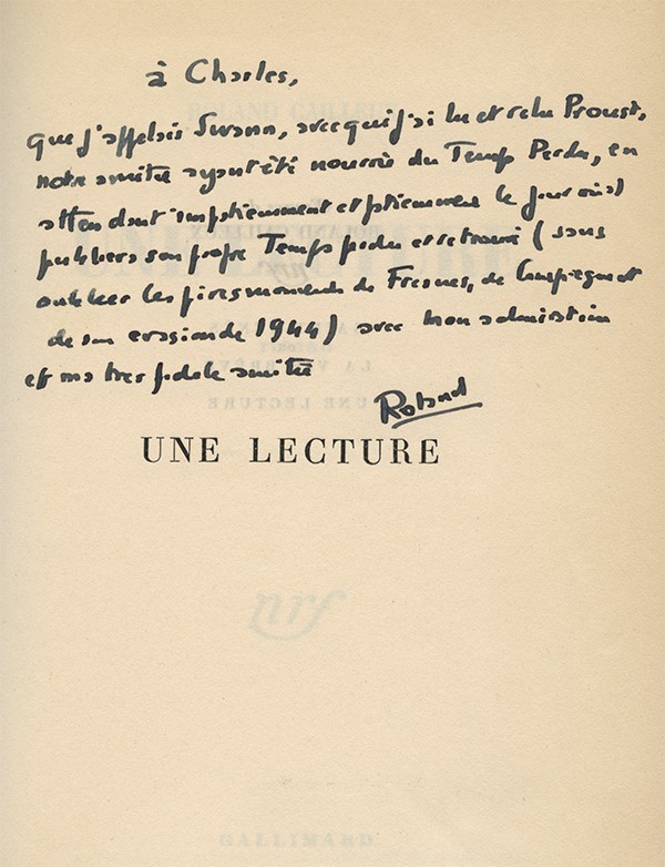 PROUST Marcel CAILLEUX Roland Une lecture Gallimard 1948 édition originale vélin pur fil grand papier envoi