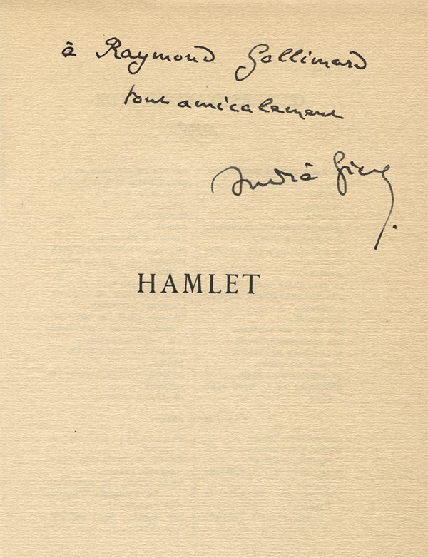 SHAKESPEARE William Hamlet Gallimard 1946 envoi autographe signé d'André Gide à Raymond Gallimard