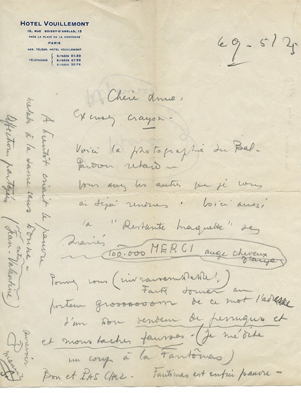 SACHS Maurice Lettre à Valentine Hugo à propos de l'exposition Cocteau 9 mai 1925