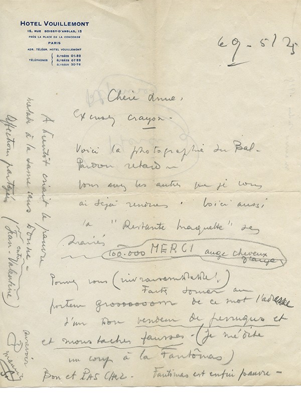 SACHS Maurice Lettre à Valentine Hugo à propos de l'exposition Cocteau 9 mai 1925