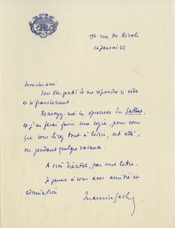 SACHS Maurice Deux lettres autographes signées à Bernard Grasset à propos du Sabbat