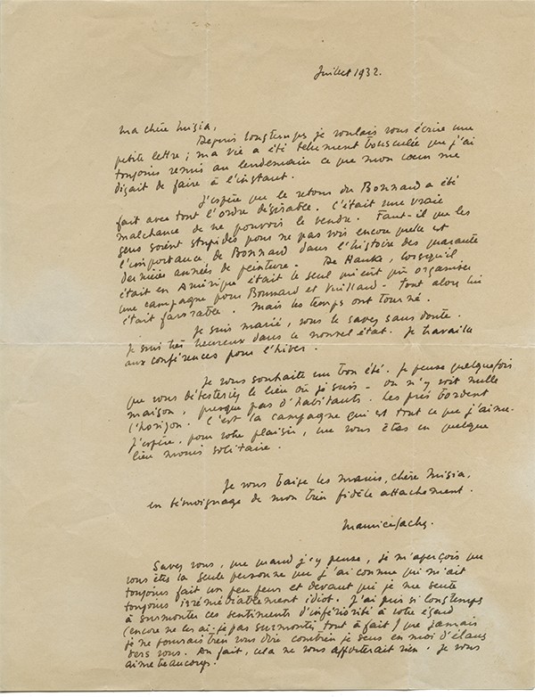 SACHS Maurice Lettre autographe signée à Misia Sert à propos d'un tableau de Bonnard
