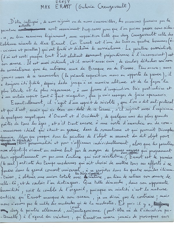 PIEYRE DE MANDIARGUES André Max Ernst Galerie Creuzevault manuscrit autographe signé
