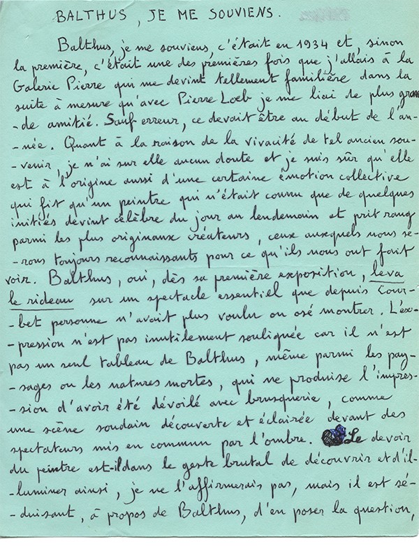 PIEYRE DE MANDIARGUES André Balthus, je me souviens 1975 Manuscrit autographe signé