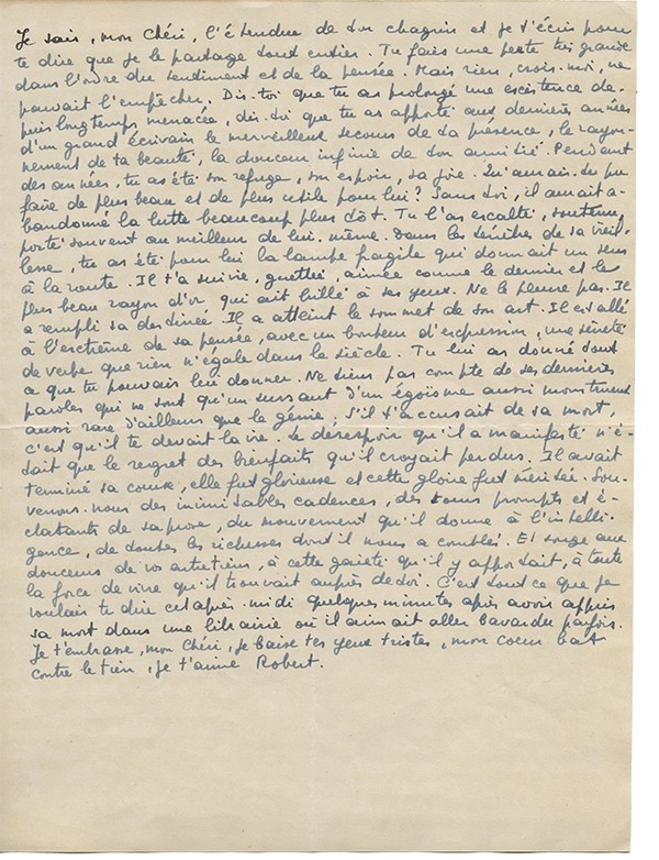 DENOËL Robert Lettre de condoléances à Jeanne Loviton concernant le décès de Paul Valéry 20 juillet 1945