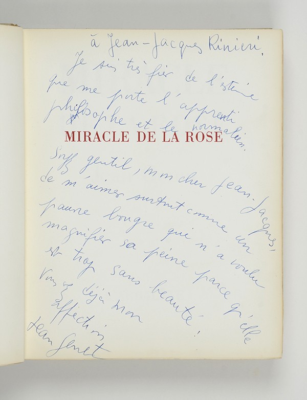 GENET Jean Miracle de la Rose L’Arbalète 1946 édition originale envoi autographe signé à Jean-Jacques Rinieri