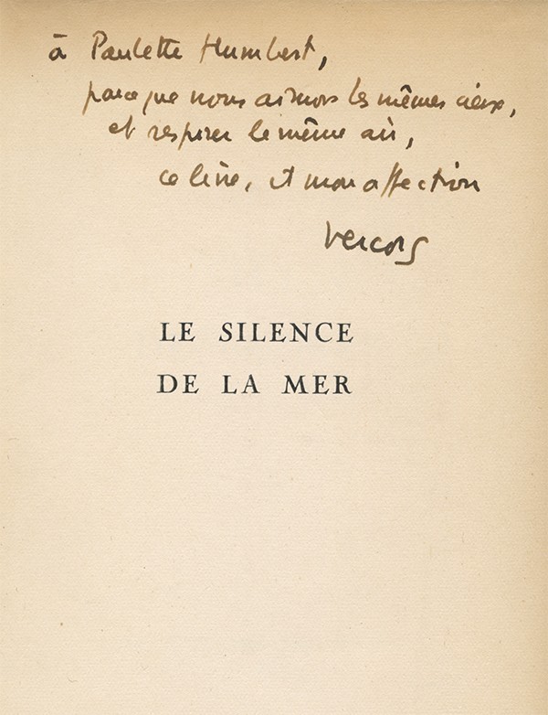 VERCORS Le Silence de la mer Éditions de Minuit 1942 rare édition originale envoi autographe signé à Paulette Humbert