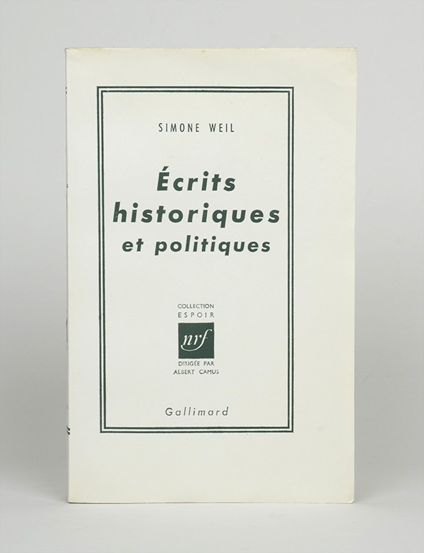 WEIL Simone Écrits historiques et politiques Gallimard Espoir 1960 édition originale vélin pur fil grand papier broché
