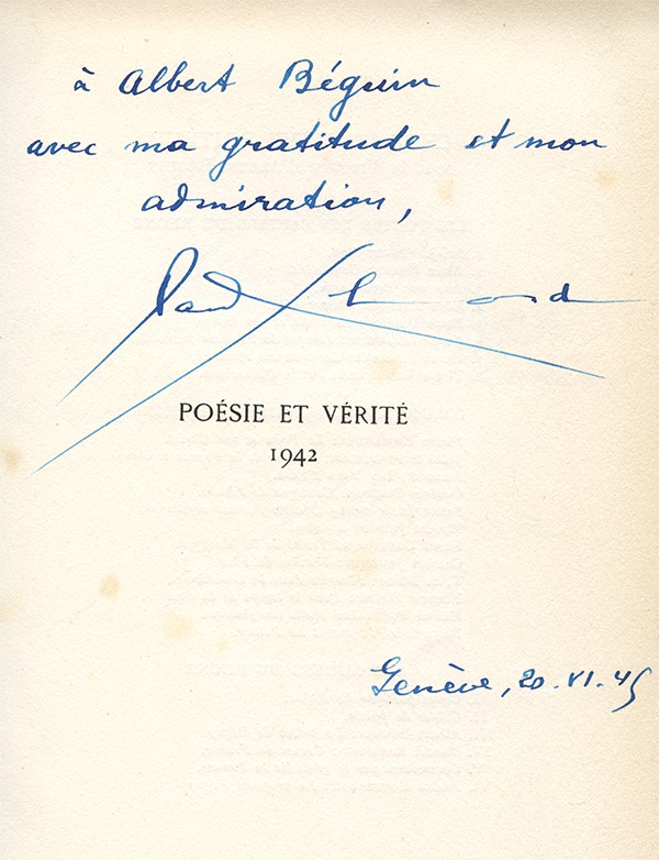 ELUARD Paul Poésie et vérité 1942 Baconnière Cahiers du Rhône 1943 vélin du Marais grand papier envoi autographe signé Albert Bé