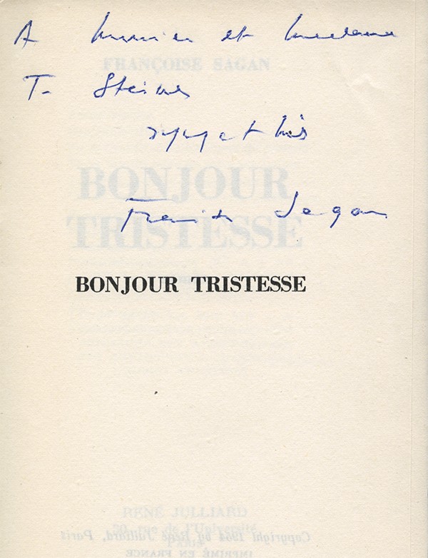 SAGAN Françoise Bonjour tristesse Julliard 1954 édition hors commerce tirée sur Corvol l'Orgueilleux 