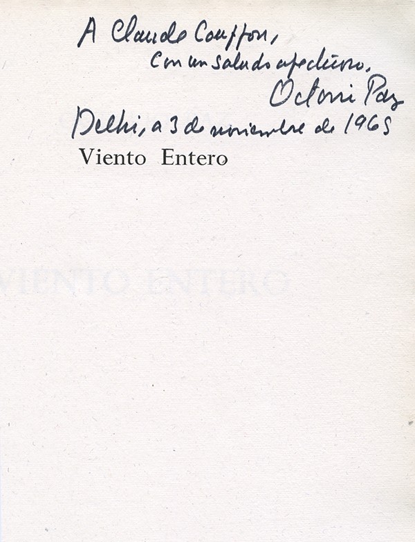 PAZ Octavio Viento entero Delhi 1965 rare édition originale envoi autographe signé à Claude Couffon