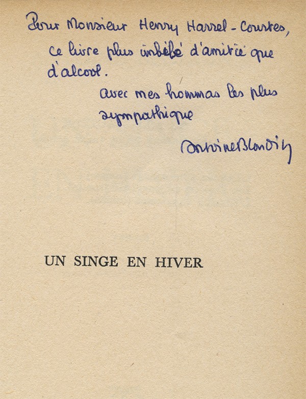 BLONDIN Antoine Un singe en hiver La Table ronde 1959 bel envoi autographe signé à Henry Harrel-Courtès