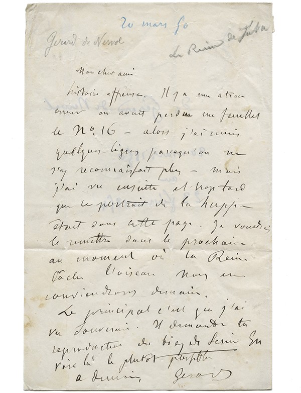 NERVAL Gérard de Lettre autographe signée à Francis Wey concernant la publication des Nuits du Ramazan 28 mars 1850