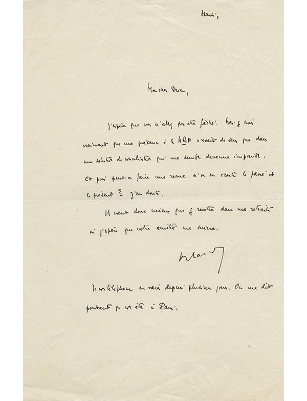 BLANCHOT Maurice Lettre autographe signée adressée à Pierre Drieu La Rochelle en juin 1942 annonçant sa rupture avec la NRF