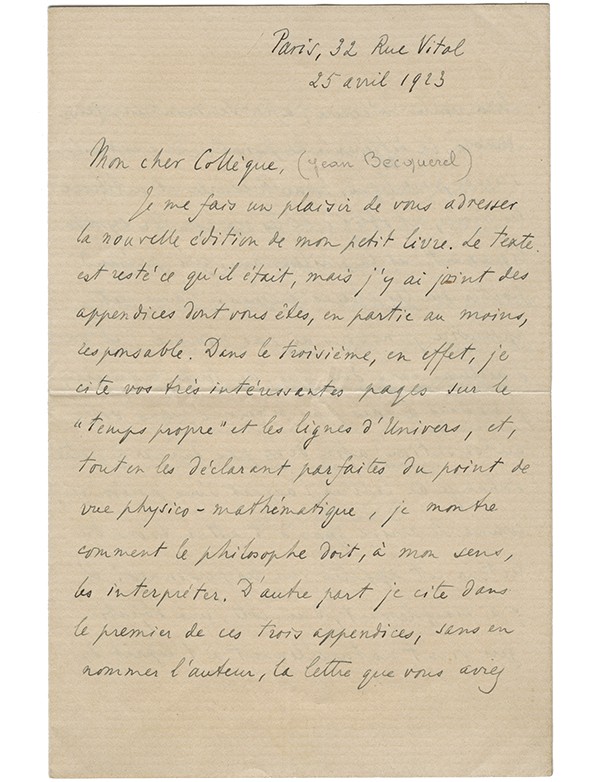 BERGSON Henri Lettre à Jean Becquerel 13 avril 1923 lettre autographe signée concernant Durée et simultanéité à propos de la Thé