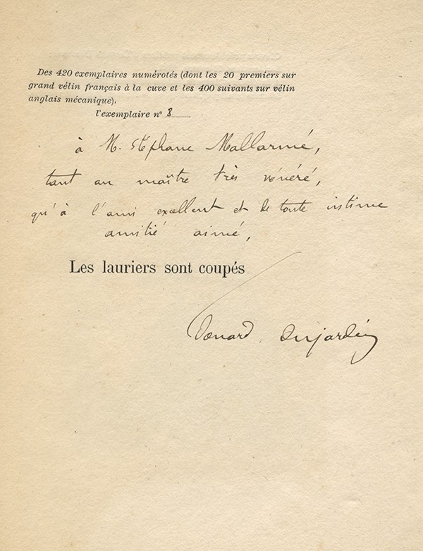 DUJARDIN  Edouard Les Lauriers sont coupés Revue Indépendante 1888 édition originale vélin français envoi à Stéphane Mallarmé