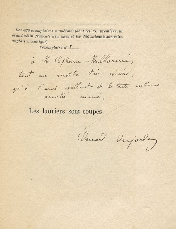DUJARDIN  Edouard Les Lauriers sont coupés Revue Indépendante 1888 édition originale vélin français envoi à Stéphane Mallarmé