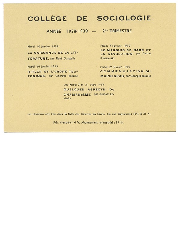 BATAILLE Georges Hitler et l'ordre teutonique Commémoration du Mardi Gras carton d'annonce des réunions du collège de sociologie