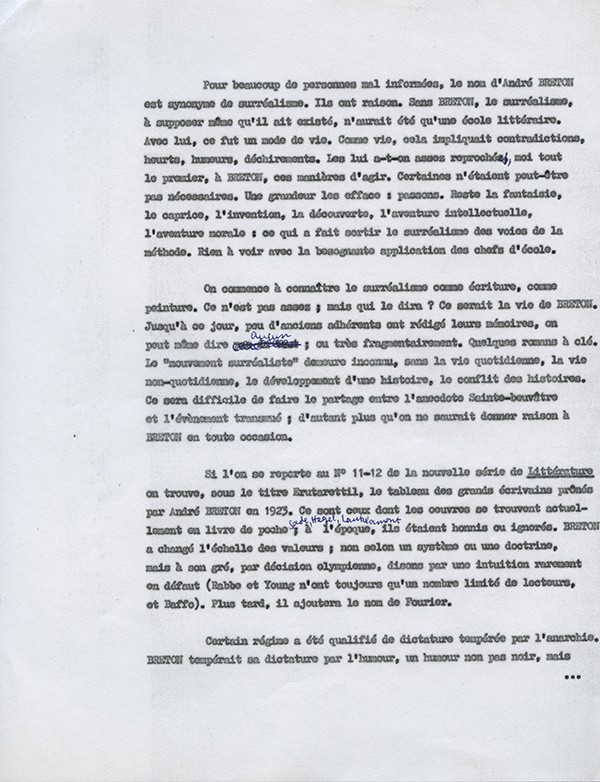 QUENEAU Raymond Erutarettil Hommage à André Breton avril 1967 tapuscrit comportant deux corrections et un ajout autographe