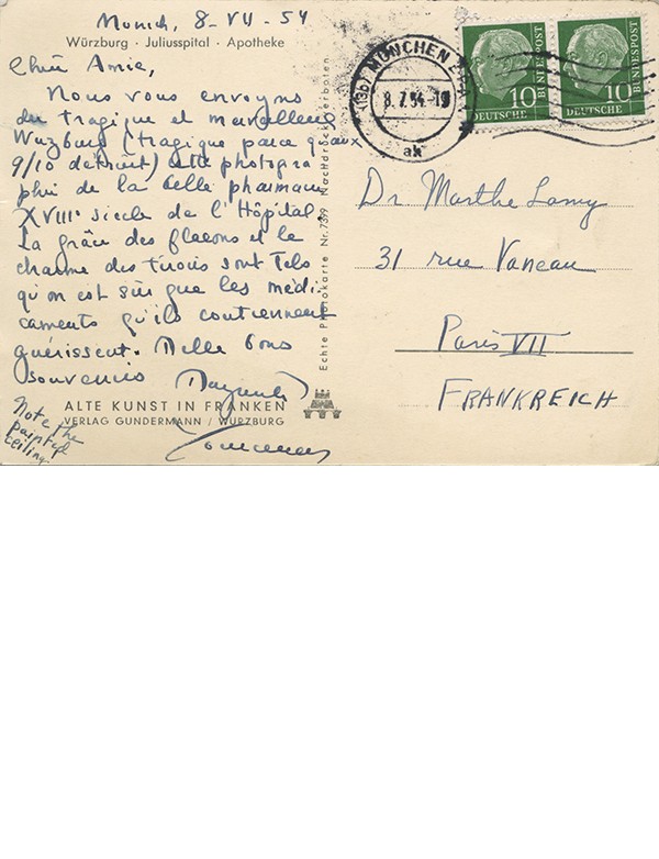 YOURCENAR Marguerite carte autographe signée à Marthe Lamy 8 juillet 1954 photographie pharmacie du Juliusspital à Würzburg