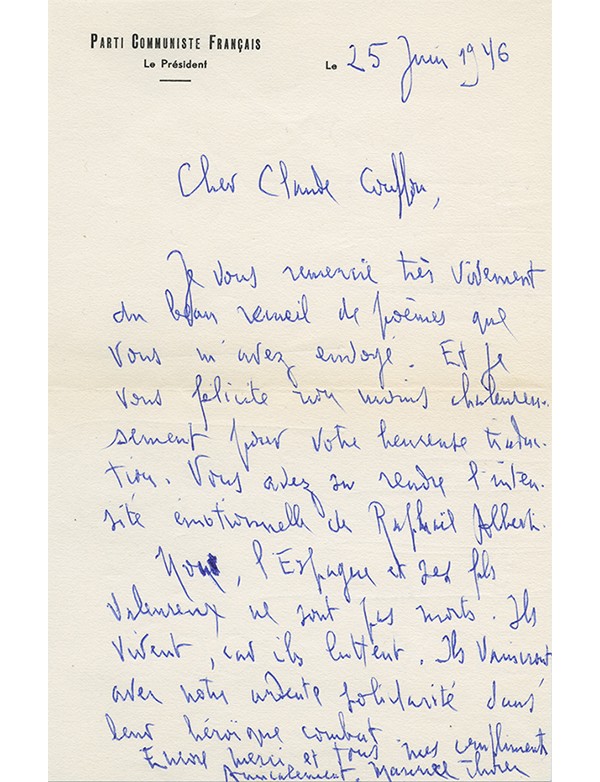 THOREZ Maurice Lettre autographe signée concernant Rafael Alberti 25 juin 1946 adressée à Claude Couffon