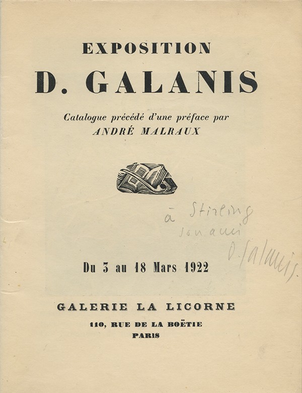 MALRAUX André Galerie de la Licorne 1922 catalogue première exposition personnelle de Galanis envoi autographe signé à Sterling