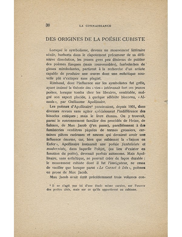 MALRAUX André Des origines de la poésie cubiste La connaissance 1920 tout premier texte publié d'André Malraux
