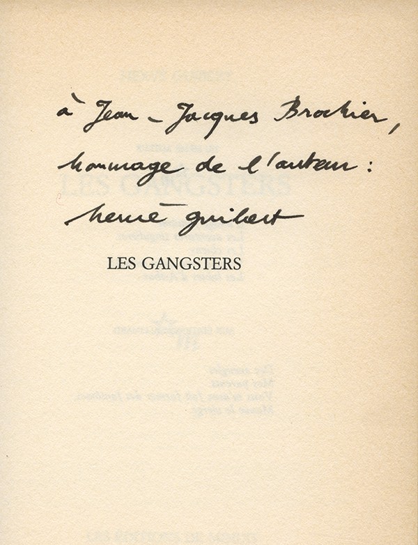 GUIBERT Hervé Les Gangsters Éditions de Minuit 1988 édition originale envoi autographe signé à Jean-Jacques Brochier