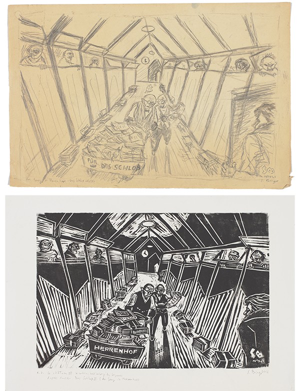 BIRGA Sergio Das Schloss III (Der Gang in Herrenhof) 2016 dessin original signé et xylogravure originale signée