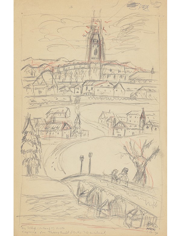 BIRGA Sergio Das Schloss Ankunft Kafka Le Château Arrivée 2016 dessin original signé et xylogravure originale signée