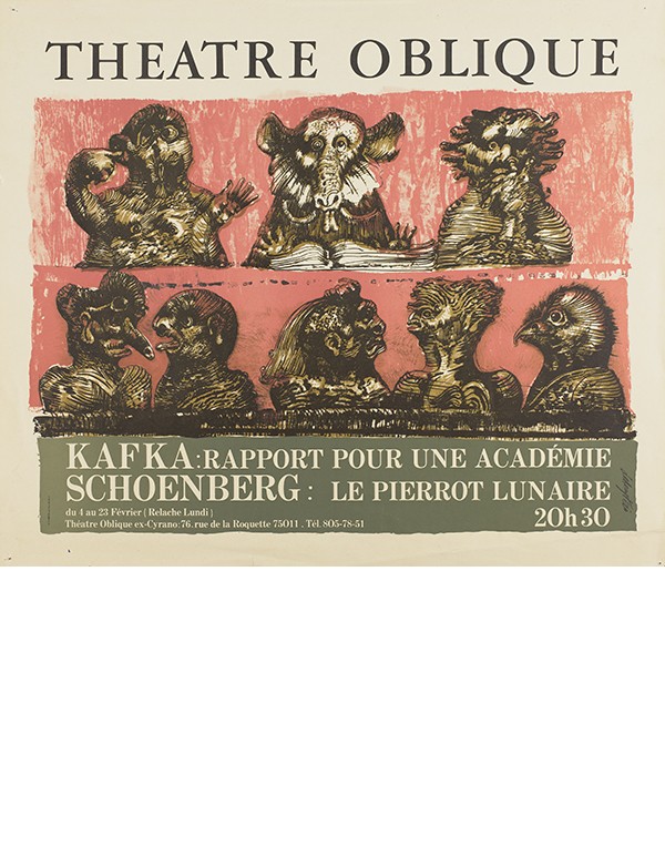 RONSE Henri Rapport pour une académie Théâtre Oblique 1975 Affiche illustrée annonçant l’adaptation de Rapport pour une académie