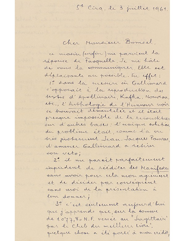 BRETON André Lettre autographe signée à Edmond Bomsel à propos de l’Anthologie de l’humour noir 1961