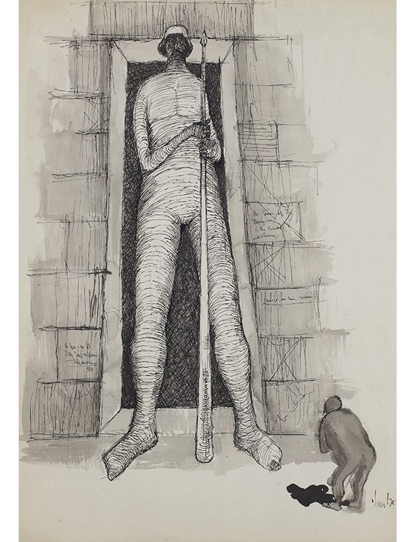 BO Lars Devant la loi. [Vor dem Gesetz] Dessin original signé 1960 réalisé à l’encre noire signé par l’artiste en bas à droite
