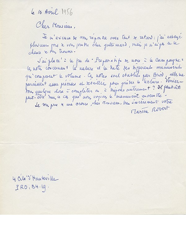 ROBERT Marthe Lettre à propos de Préparatifs de noce à la campagne 1956 lettre autographe signée adressée à Raymond Queneau