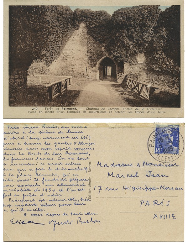 BRETON André Carte autographe signée à Marcel Jean à propos de l’Almanach du surréalisme 1949