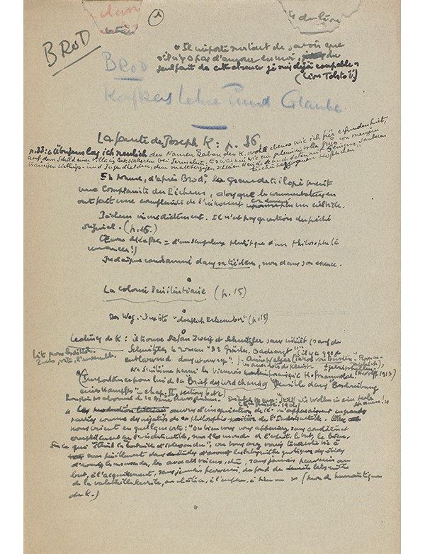 VIALATTE Alexandre Notes sur Franz Kafkas Glauben und Lehre : Kafka und Tolstoi de Max Brod manuscrit autographe signé