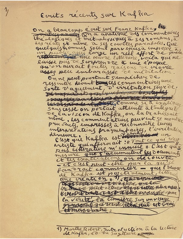 ADAMOV Arthur Écrits récents sur Kafka 1947 manuscrit autographe signé chronique relative à des ouvrages sur Kafka