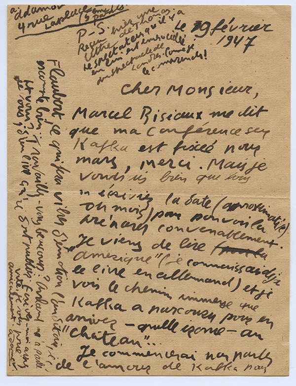 ADAMOV Arthur Lettre autographe signée adressée à Jacques Brenner à propos de sa prochaine conférence sur Kafka 1947